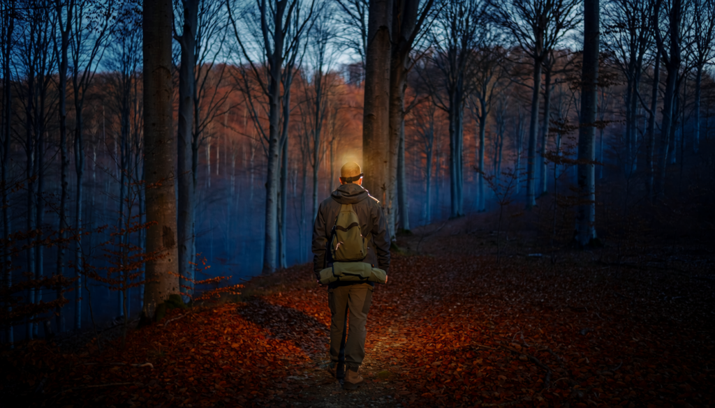 Randonneur équipé d’une lampe frontale allumée sur un sentier forestier au crépuscule d’automne.